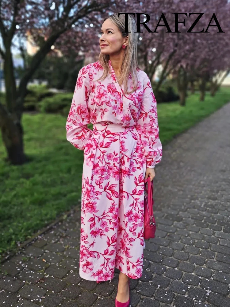 TRAFZA Women 2 Piece Set Floral Print Long Sleeves SingleBreasted Casual Shirts TopsVintage High Waist Zipper Slim Skirt 240423