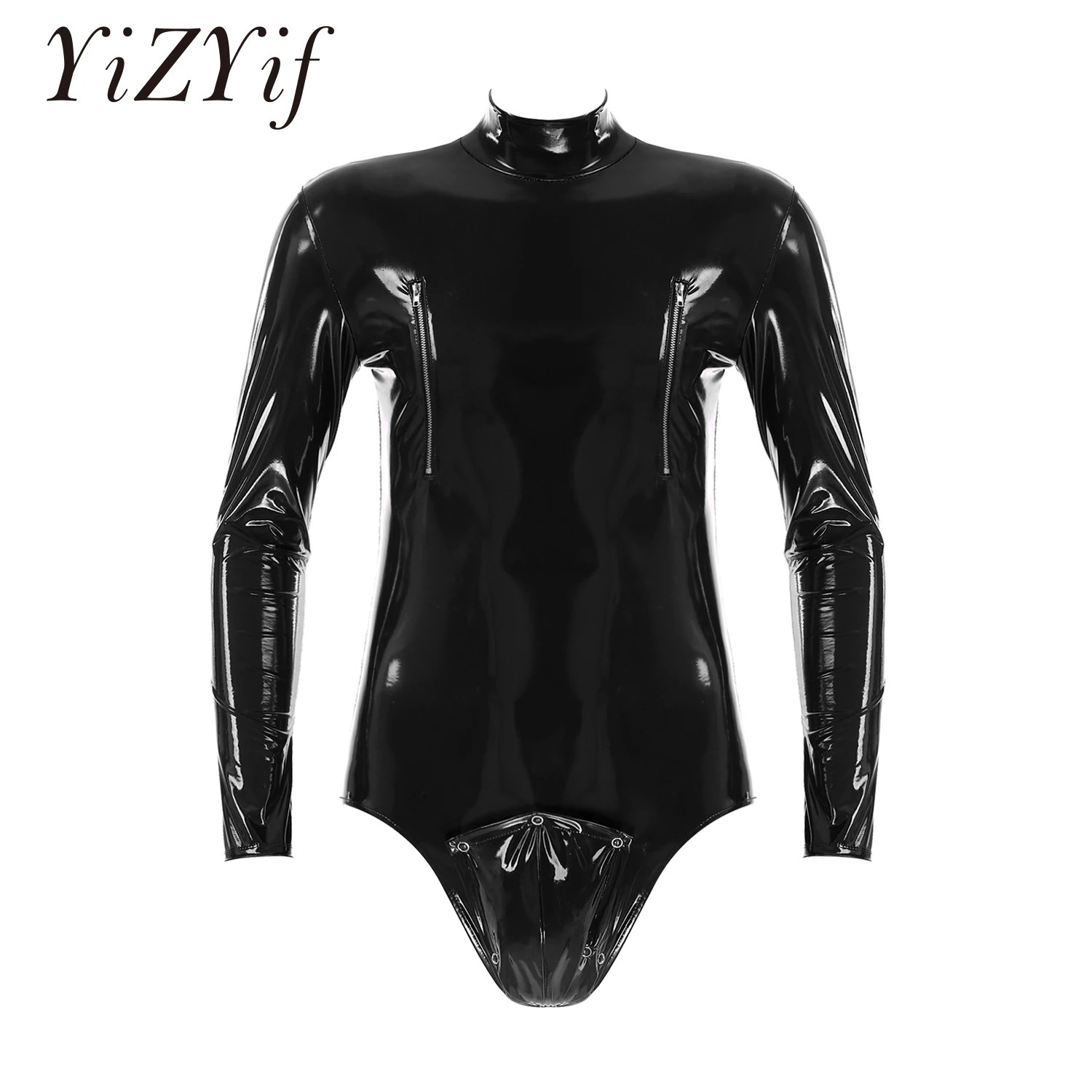 Mens Glossy Catsuit Sexy Zipper Open Crotch Shiny Leather Bodysuit Porn Bulge Pouch Wetlook Latex Leotard Jumpsuits Clubwear 240511