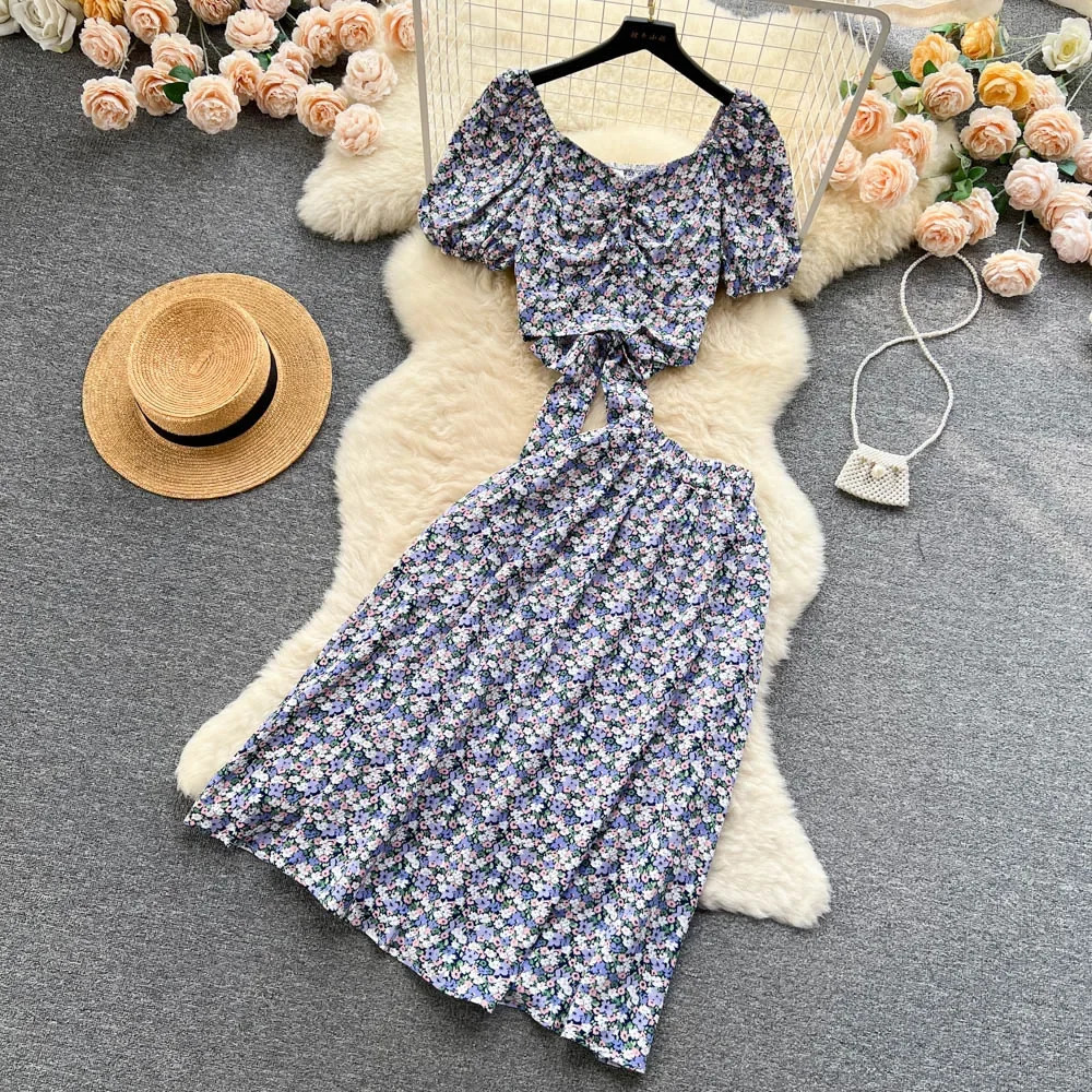 Fashion Floral Print Women Suits Short Puff Sleeve Lace Up Mini TopElastic Waist Loose A Line Skirt Summer Sweet Sets 240423