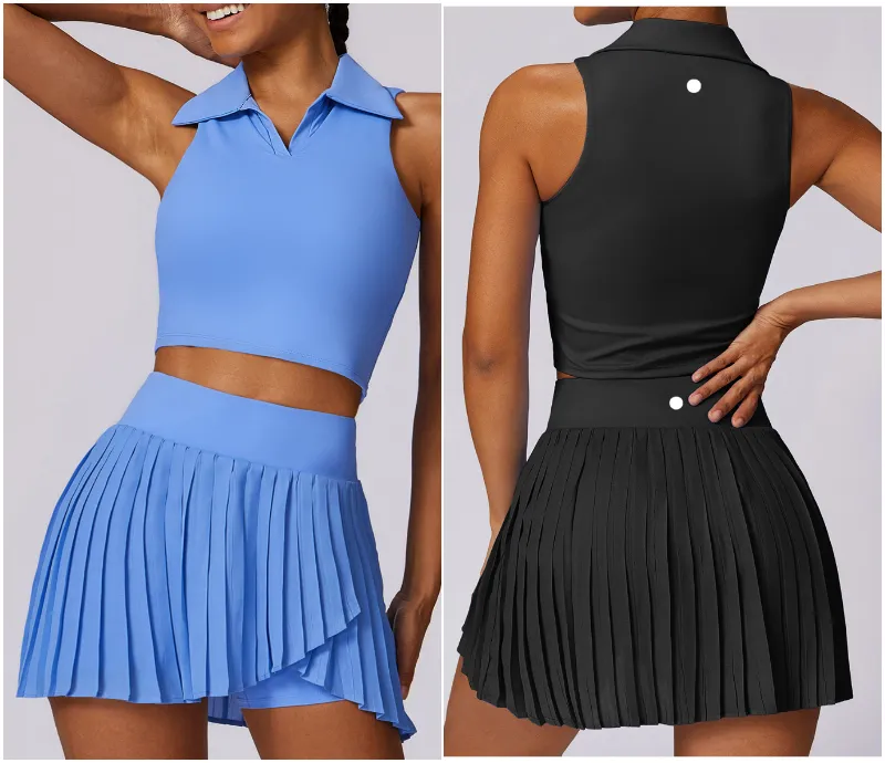 L8860 Womens Yoga Two-Piece Yoga Sets Skirts Vest Tennis Sport Running Skirt Suit High Waist Sportwear Lined Breathable Turn-Down Collar