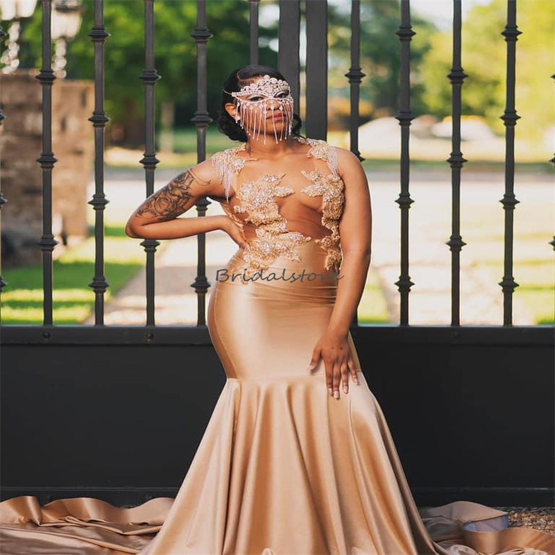 Gold Mermaid Prom Dresses 2024 Sheer Neck Beaded Crystal South African Evening Dress See Through Satin Aso Ebi Plus Size Formal Birthday Dress Vestios