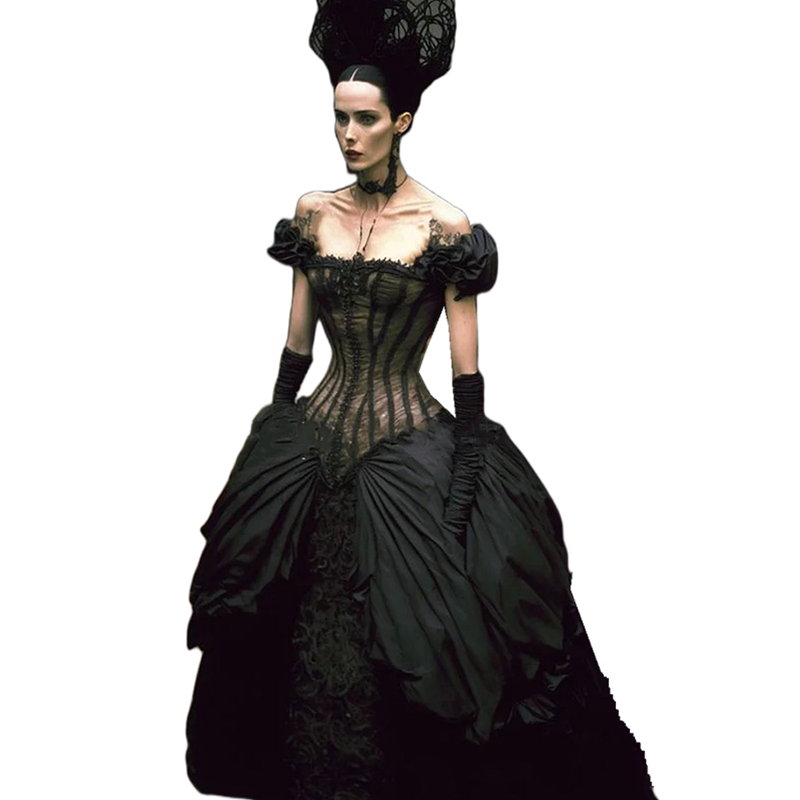 Medieval Historical Black Corset Prom Dresses Gothic Cosplay Evening Gowns Off The Shoulder Ball Gown Special Occasion Wear Drop Waist Vintage Masquer