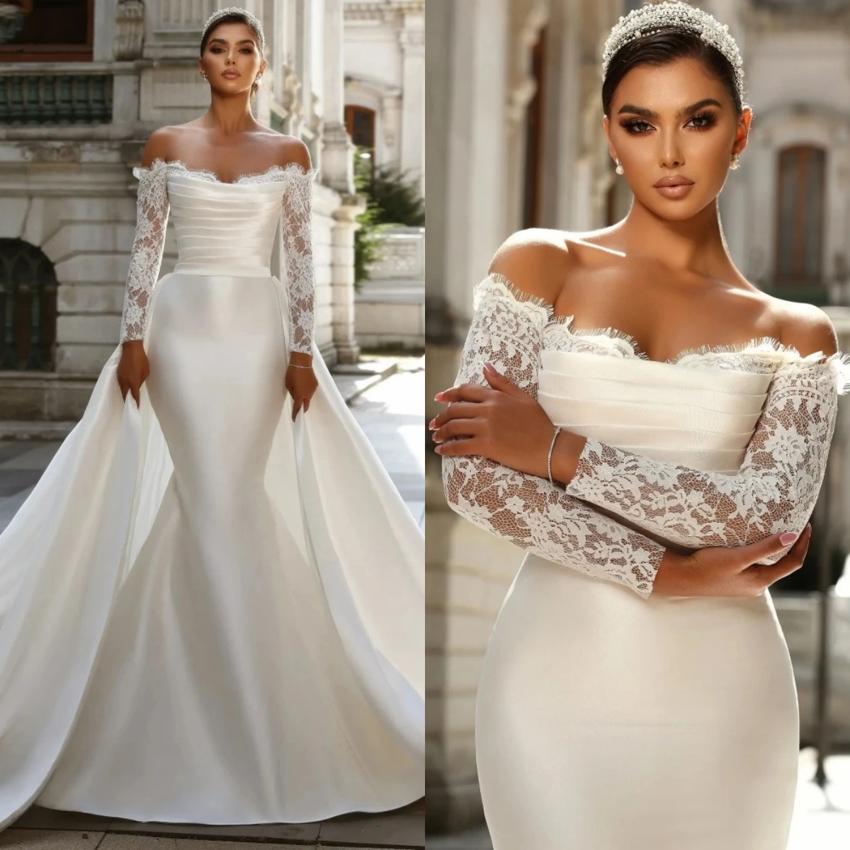 Simple Mermaid Wedding Dresses Off Shoulder Lace Bridal Gowns With Detachable Train Long Sleeve Custom Made Bride Dress Vestidos De Novia 0218