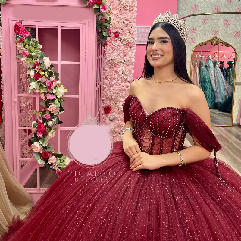 Luxury Red Shiny Ball Gown Quinceanera Dresses Charming Beaded Crystal Tull Tiered Off Shoulder Sweet 15 Dress Lace-up Vestidos De
