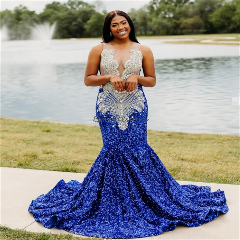 Glam Blue Diamonds Prom Dresses 2024 Sparkly Sequin Mermaid Evening Dress Beaded ASouth African Birthday Dress Abiye Vestido De Fiesta Abito Nozze For