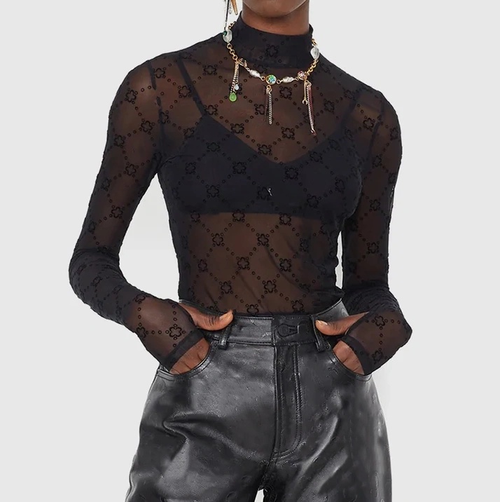 Designer Womens Mesh Flock High Neck Top Leggings Bottoms Jumpsuits Shirts Tee Casual T-shirt Long Sleeve Tees Outwear Tops