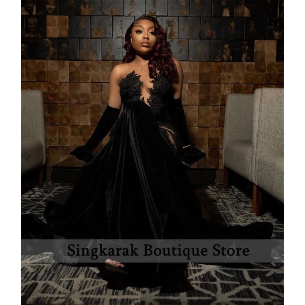 Veet Prom Dresses Sheer Mesh Twgo Gloves Lace Appliques Beads For Black Girls Evening Gowns Gala Party Vestidos 0914