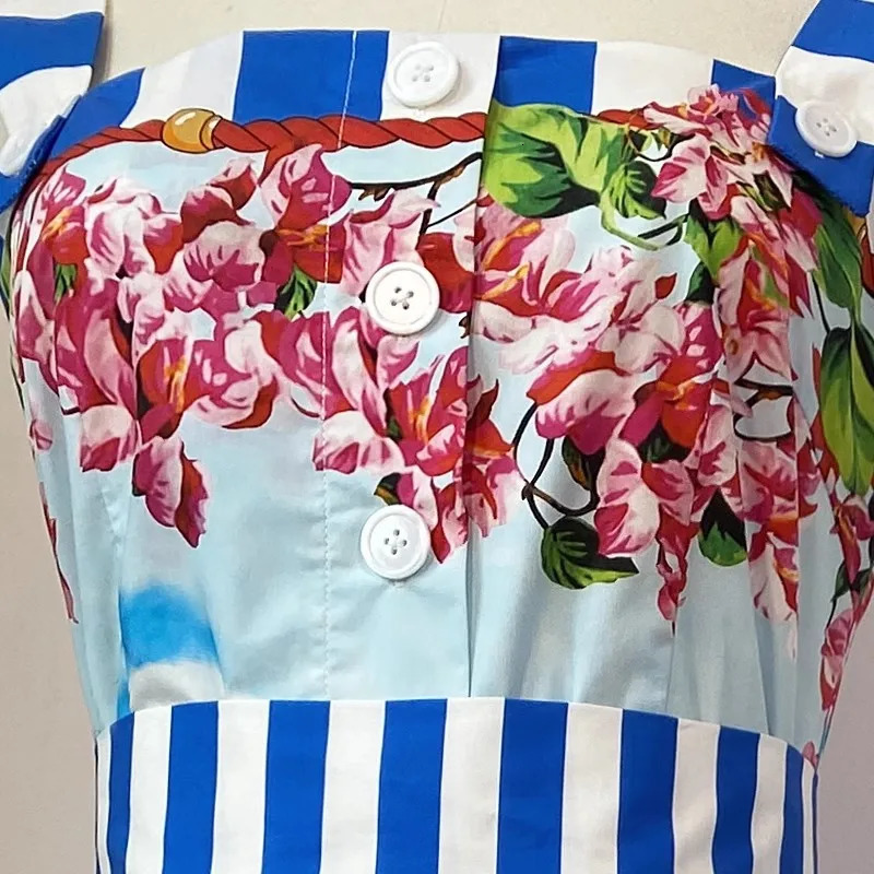 Summer Holiday Spaghetti Strap Dress Runway Women Single Breasted Buttons Up Flower Print Beach Vacation Midi Vestidos Camisole 240508