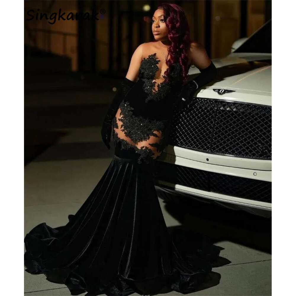 Veet Prom Dresses Sheer Mesh Twgo Gloves Lace Appliques Beads For Black Girls Evening Gowns Gala Party Vestidos 0914