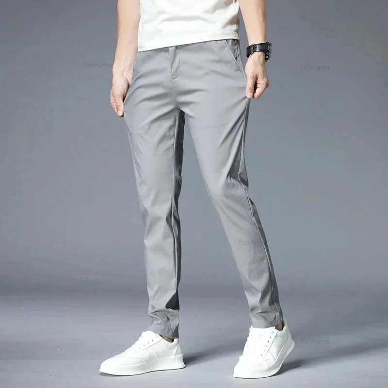 Summer Ultra-thin Mens Casual trousers Slim Straight Elastic Ice Silk Sports Jogging Pants Fashion Korean Black Khaki Green 240513