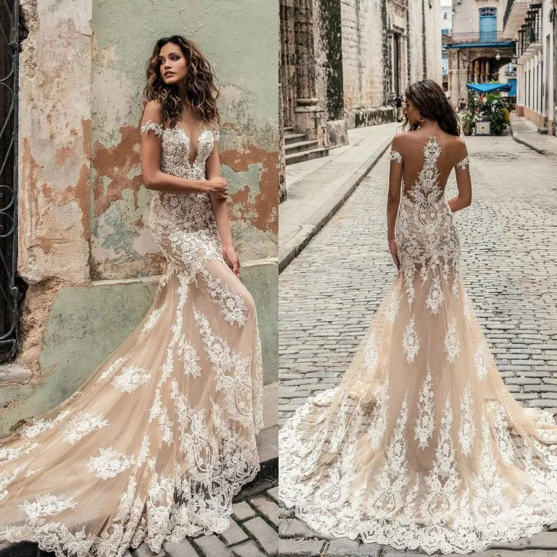 Boho Champagne Mermaid Wedding Dresses With Ivory Lace Appliques 2024 Deep Plunging Sheer Back Short Sleeves Sexy Beach Bridal Gowns Court Train