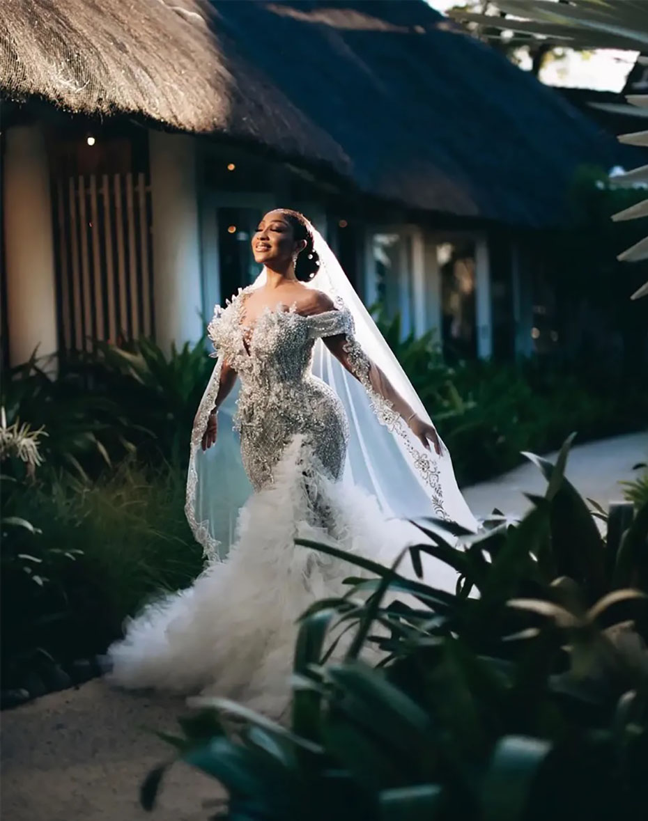 Mermaid Wedding Dresses with Ruffled Tulle Train African Bridal Dress Off the Shoulder Formal Occasion Gown Pearls Beaded