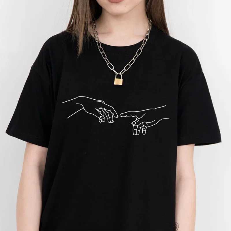 Women's T-Shirt Y2k Short Slves Summer T-shirt Fashion Michelangelo Hands Creation of Adam Printed Tops Grunge Graphic T Casual Black T Y240509