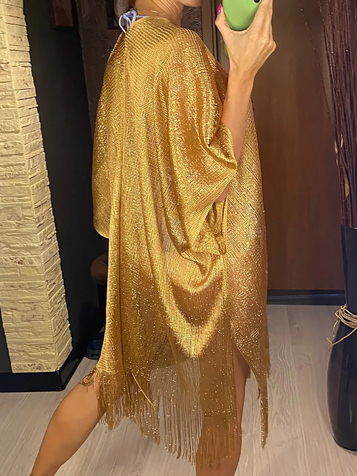 Sexy Fringe Tassel Mesh Sheer Shiny Knitted Tunic Beach Cover Up Coverups Dress Wear Beachwear Female Women V3321 240508