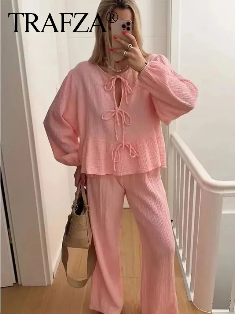 TRAFZA Shirts Pant Sets For Women Elegant Solid Long Sleeve ONeck Lace Up Blouse Loose Trousers Suit Spring Casual Outfit 240423