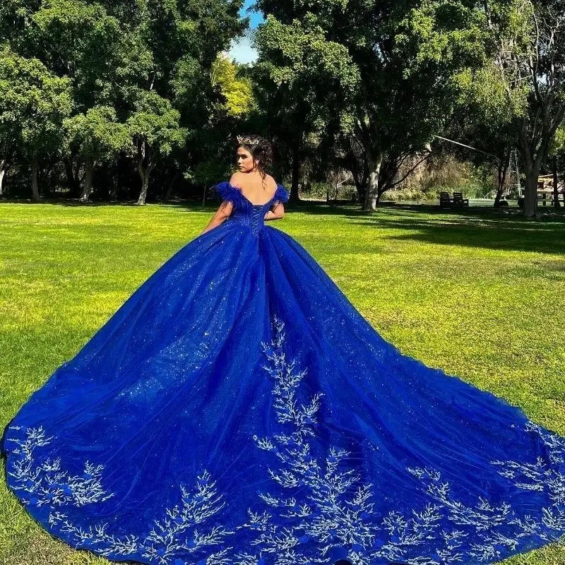 Royal Blue Shiny Off The Shoulder Quinceanera Dress Ball Gown Lace Applique Beading Crystals Tull Mexican Sweet 16 Vestido De 15 Anos
