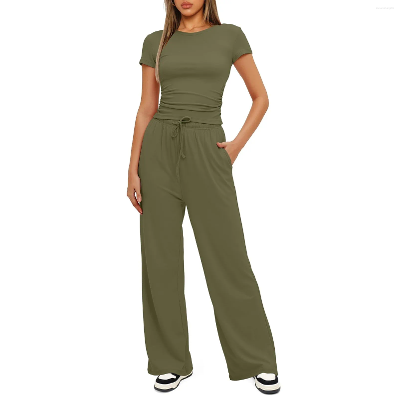 Two Piece Sets Women 2 Outfits , Short Sleeve Ruched Top And Wide Leg Pants Tracksuit