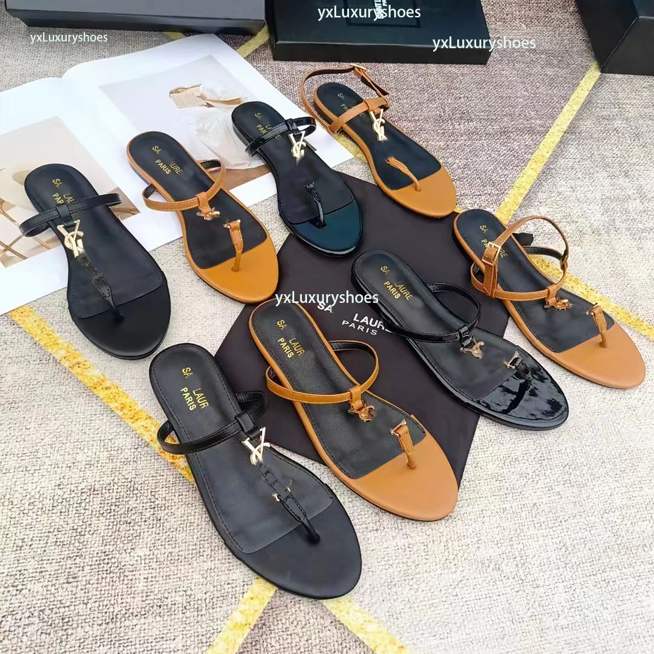2024 Designer Paris Summer Women's Sandals High quality luxury fashion casual flat slippers Classic letter metal leather women's flip-flops