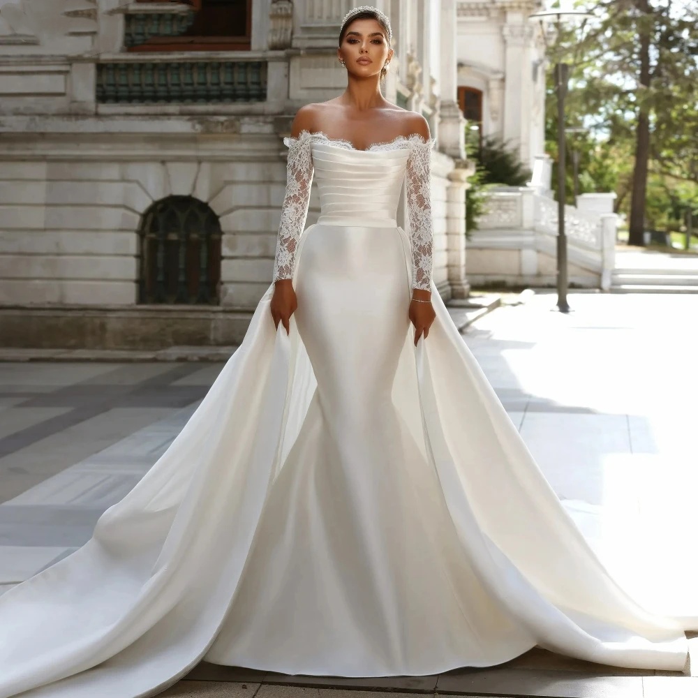 Simple Mermaid Wedding Dresses Off Shoulder Lace Bridal Gowns With Detachable Train Long Sleeve Custom Made Bride Dress Vestidos De Novia 0218