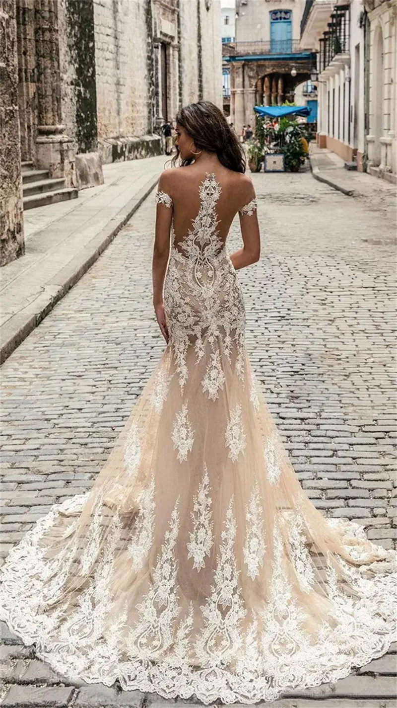 Boho Champagne Mermaid Wedding Dresses With Ivory Lace Appliques 2024 Deep Plunging Sheer Back Short Sleeves Sexy Beach Bridal Gowns Court Train