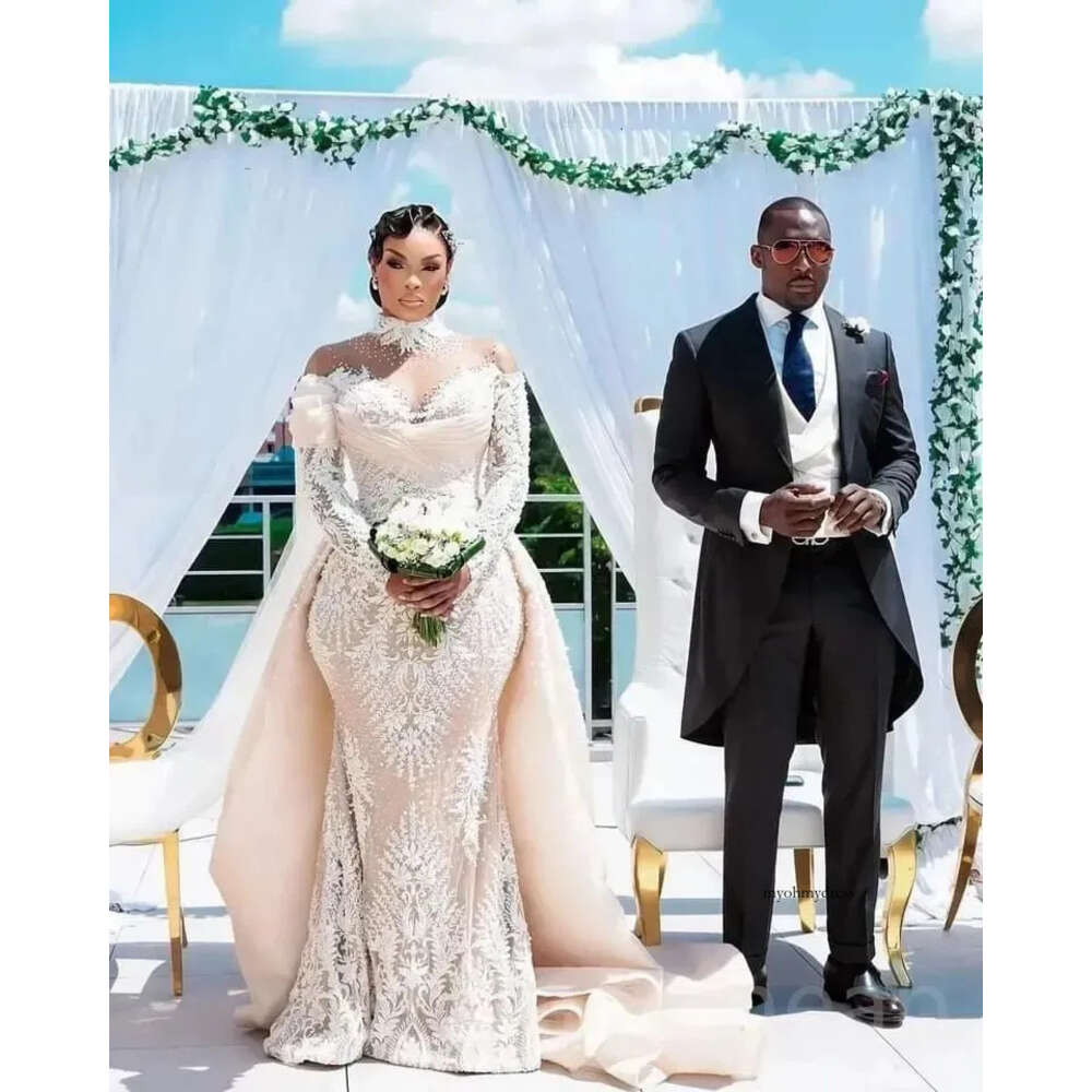 2024 Arabic Mermaid Wedding Dresses Illusion High Neck Lace Appliques Crystal Beads Pearls Long Sleeves Bridal Gowns Plus Size Overskirts Light Champa