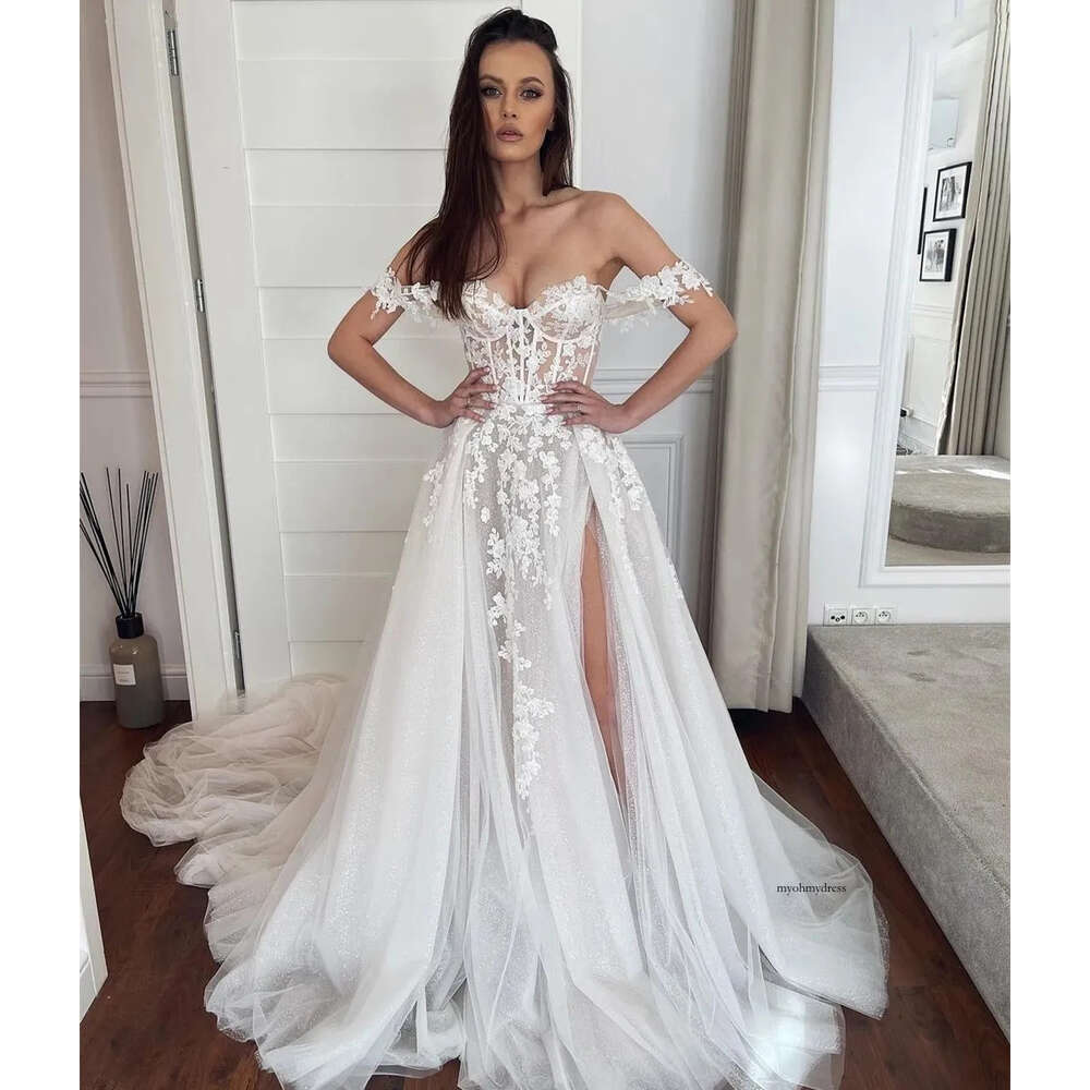 2024 Bohemian Western Country A Line Wedding Dresses Sexy Off The Shoulder Illusion Lace Appliqued Vintage Sequined Bridal Gowns Thigh Split Tulle Rob