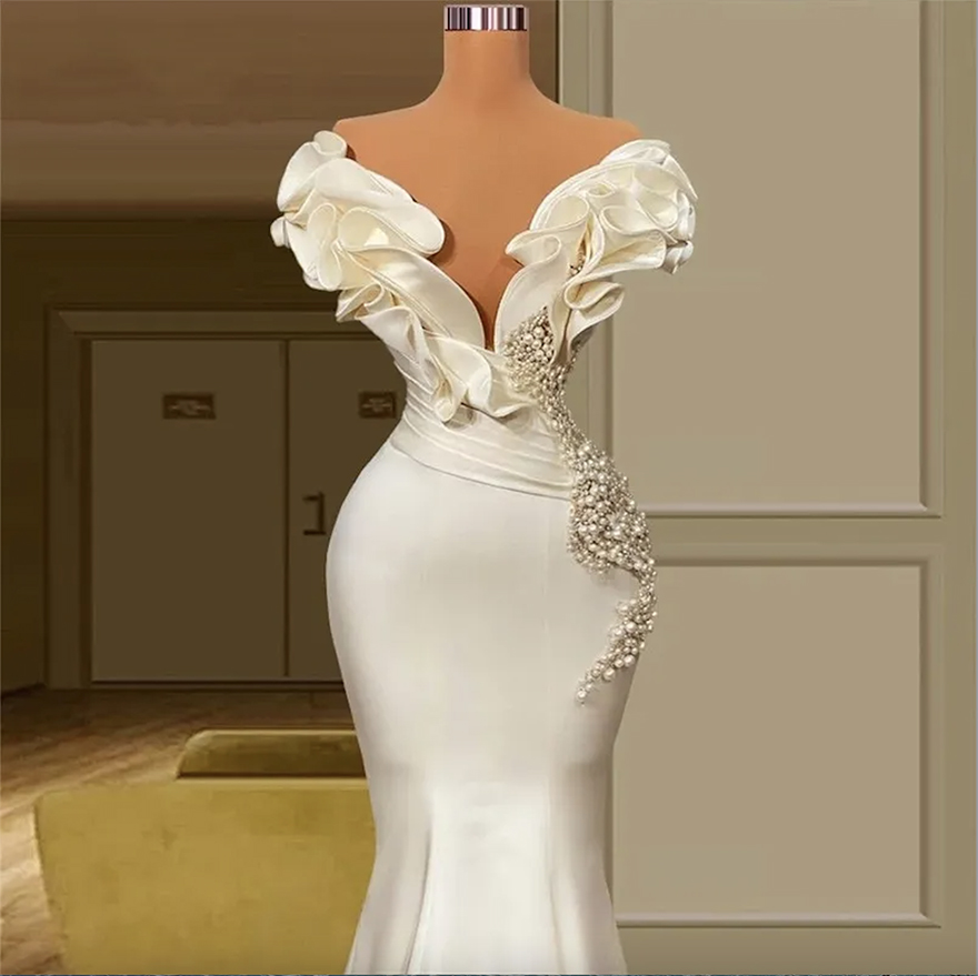 Dubai Saudi Arabia Pearls Mermaid Wedding Dresses Sexy Off The Shoulder Elegant Ivory Satin Ruffles Bridal Gowns Vintage Boho Country Bride Reception 