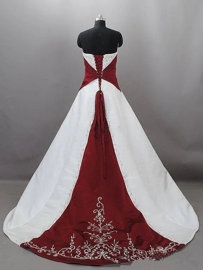 White And Burgundy A Line Embroidery Wedding Dresses Strapless Satin Long Gothic Wedding Gowns Lace-Up Corset Plus Size Vestido De Novia 2024