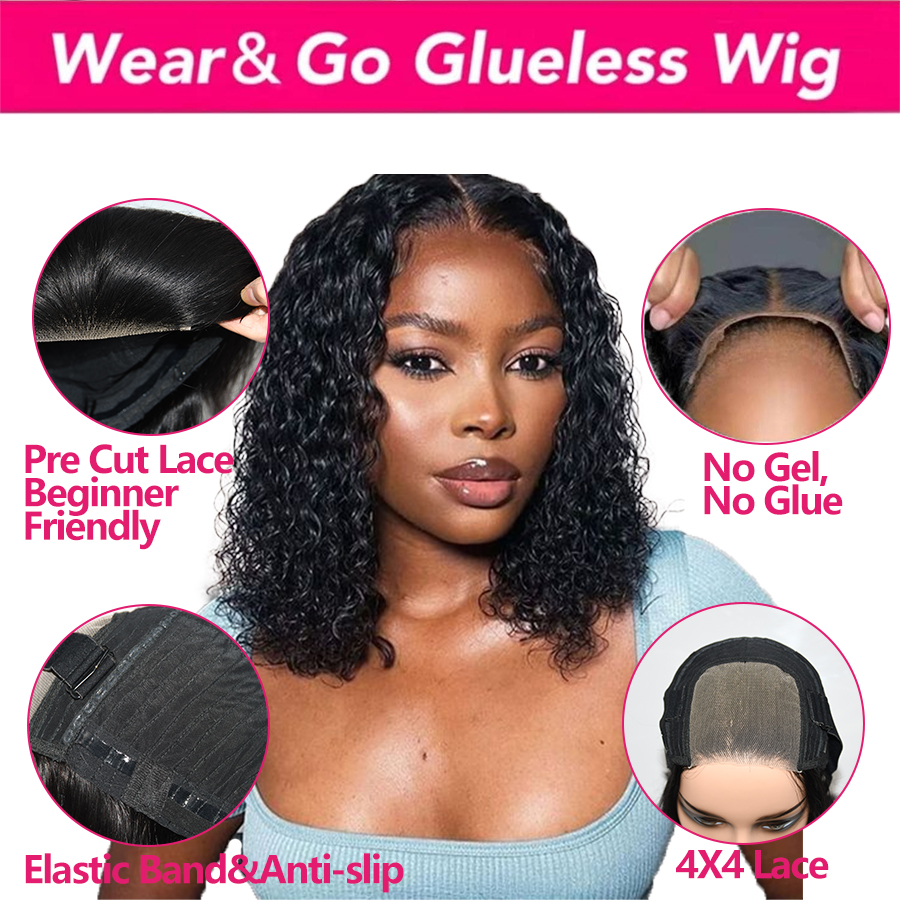 Water Wave Bob Glueless Wig Human Hair Ready To Wear and Go Short Bob Human Hair Wigs 8-16 Inch 4x4 Pre Cut Lace Wigs for Women