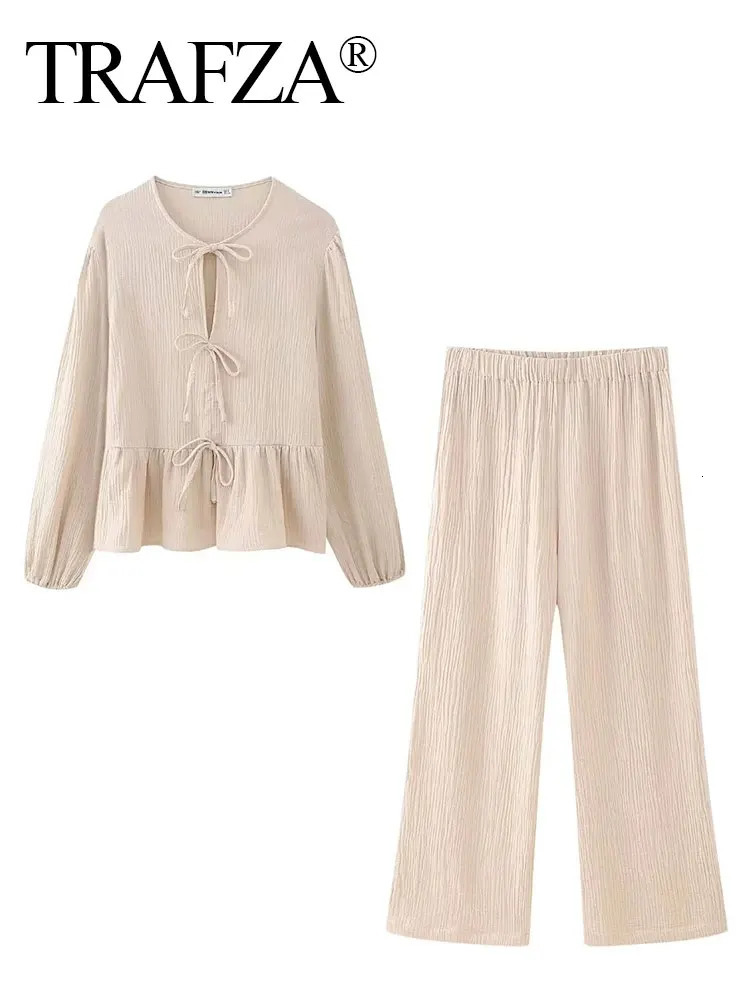TRAFZA Shirts Pant Sets For Women Elegant Solid Long Sleeve ONeck Lace Up Blouse Loose Trousers Suit Spring Casual Outfit 240423