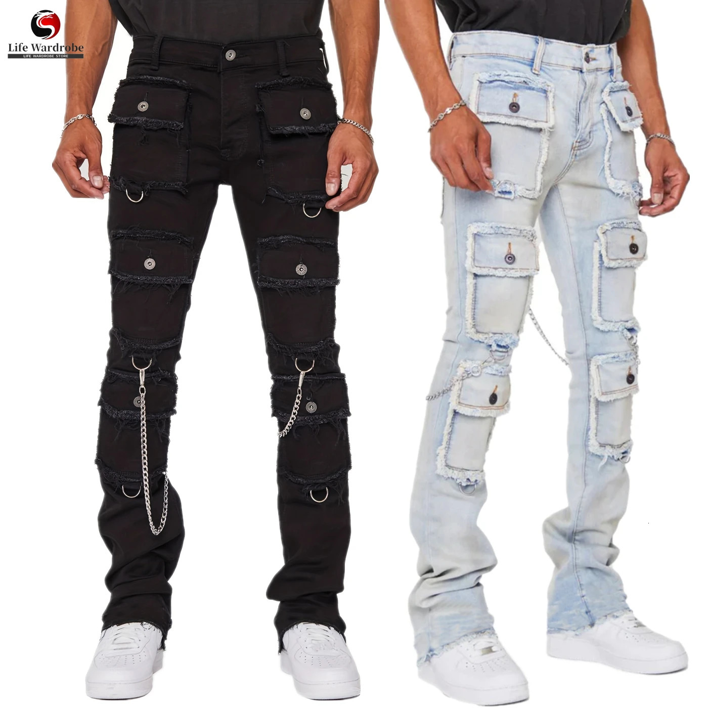 High Street Mult Pockets Men Jeans Slim Fit Denim Trousers Mens Stacked Jeans 2024 Casual Fashion Fall Winter Joggers Pants 240511