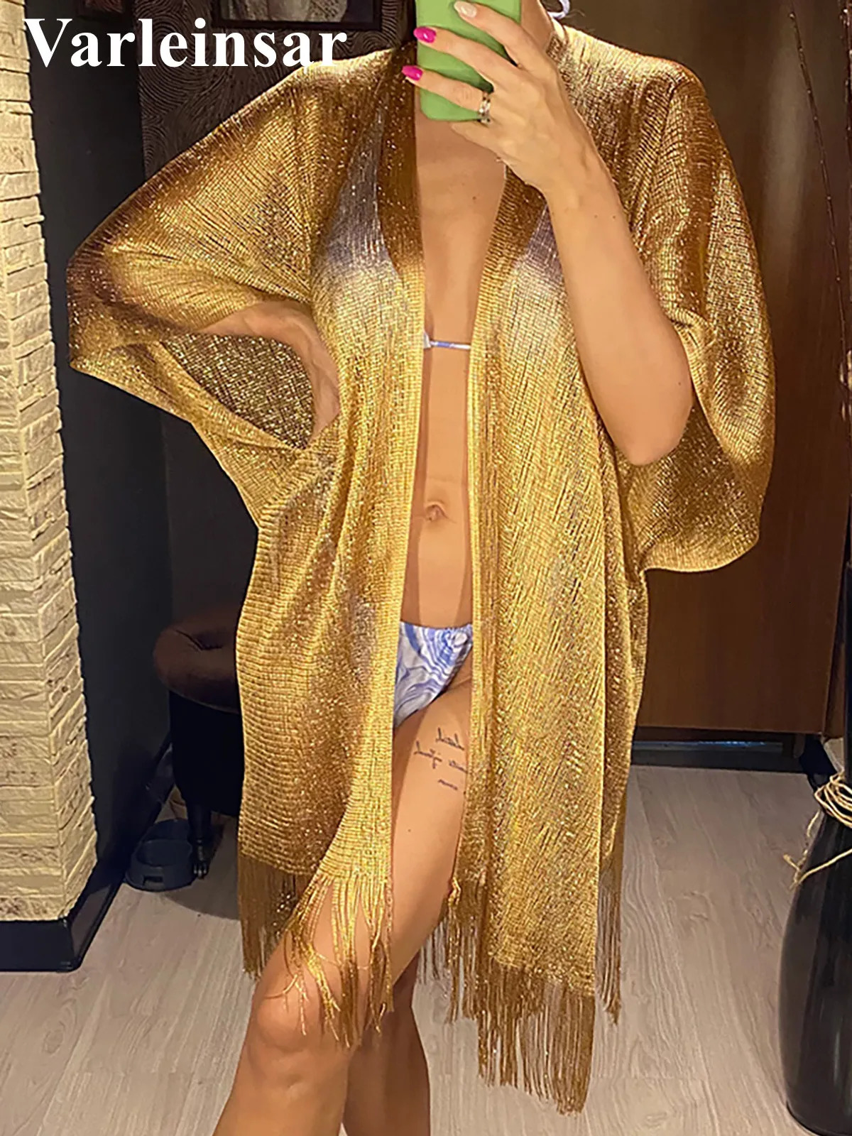 Sexy Fringe Tassel Mesh Sheer Shiny Knitted Tunic Beach Cover Up Coverups Dress Wear Beachwear Female Women V3321 240508