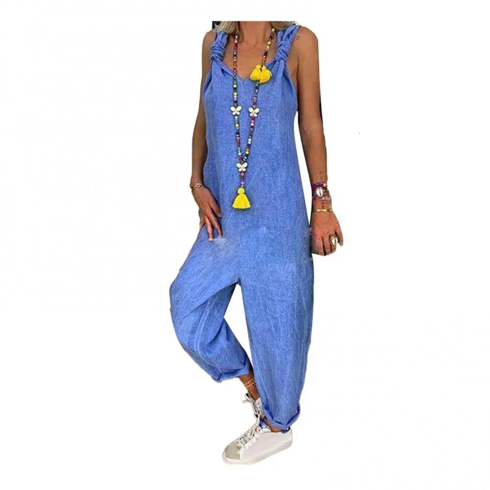 Women Backless Dungarees Solid Color Sleeveless Jumpsuit Overall Bib Knotted 240509