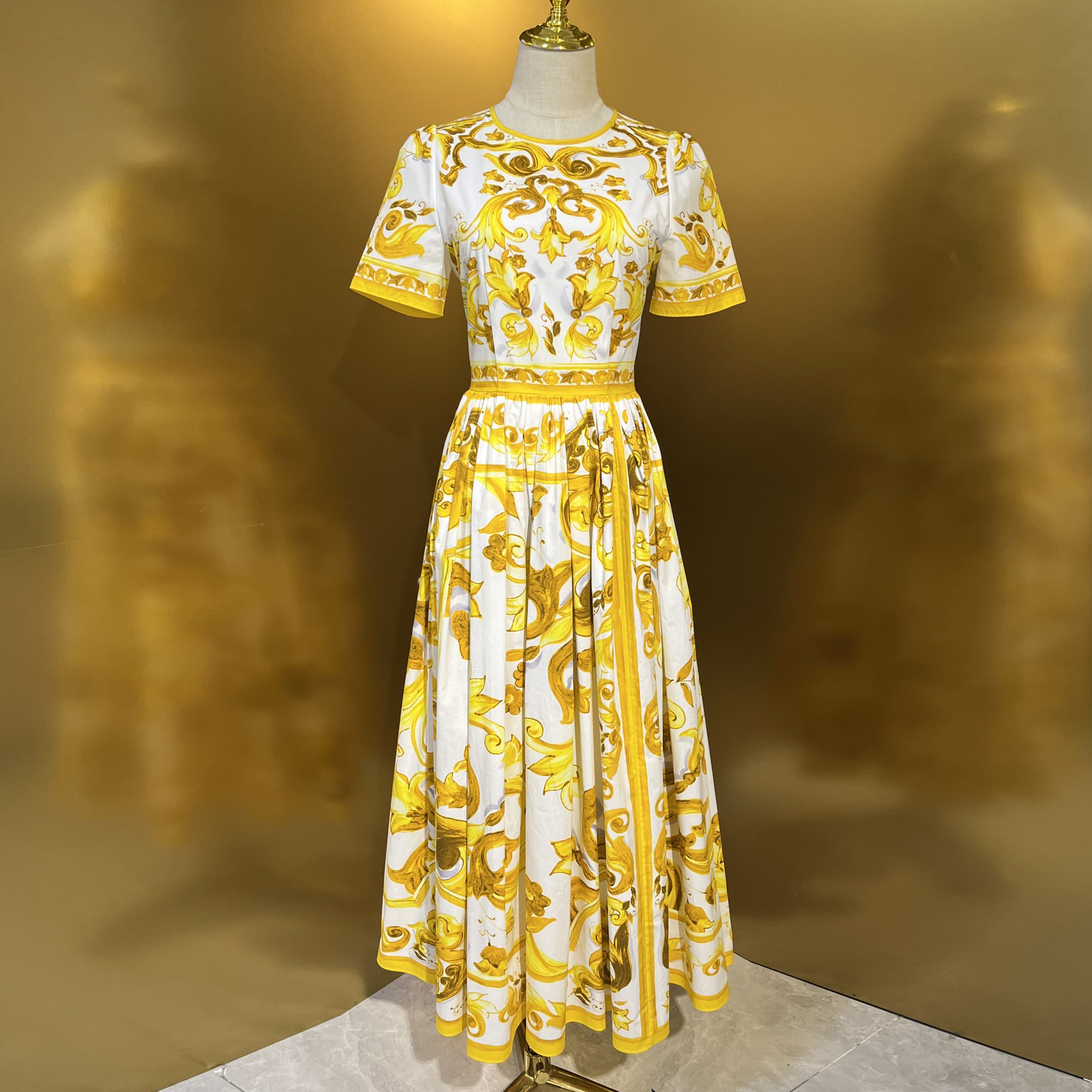 Womens Short Slve Midi Dress - Yellow Porcelain Print Designer Dress for Parties u0026 Summer L2512085EPI