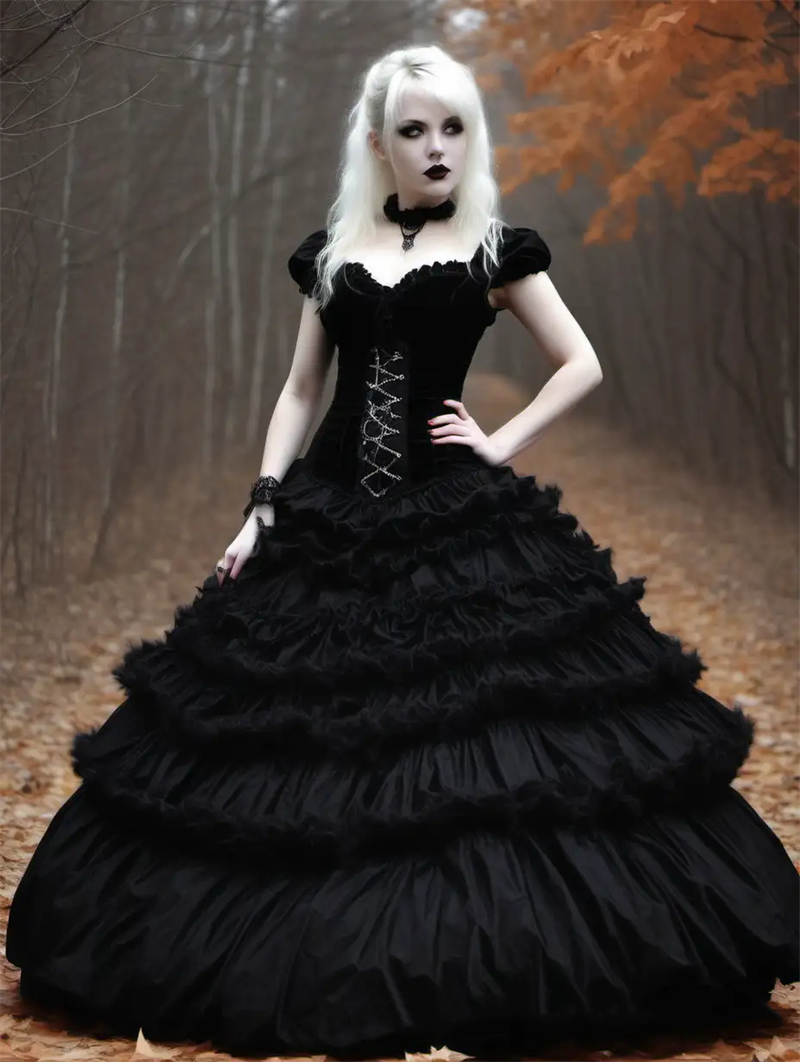 Black Gothic Ball Gown Wedding Dresses Tiers Floor Length Corset Vintage Bridal Gowns Off The Shoulder Sweetheart Neck Medieval Princess Party Events 