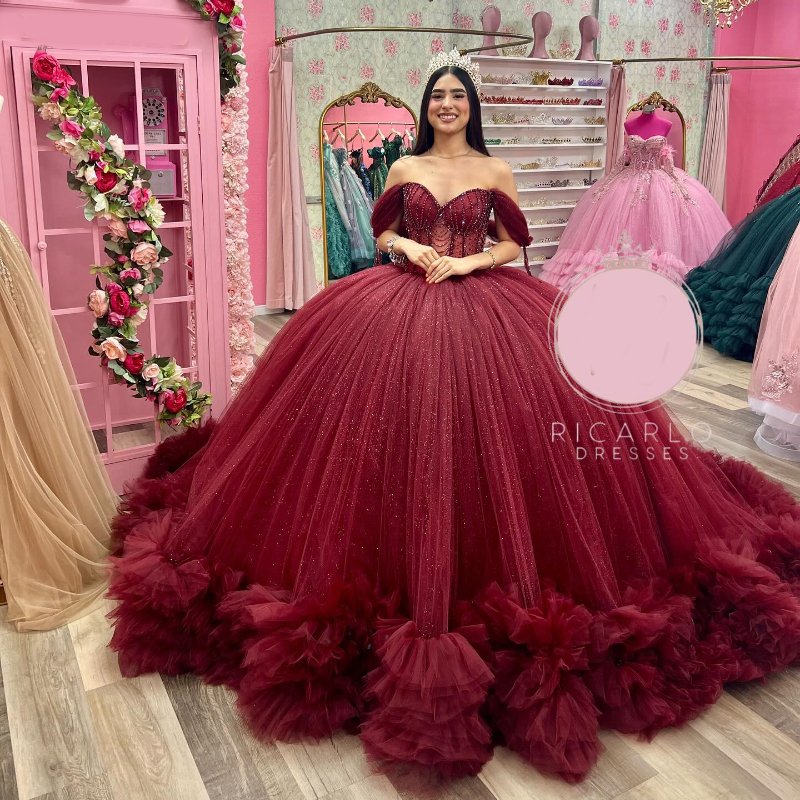 Luxury Red Shiny Ball Gown Quinceanera Dresses Charming Beaded Crystal Tull Tiered Off Shoulder Sweet 15 Dress Lace-up Vestidos De