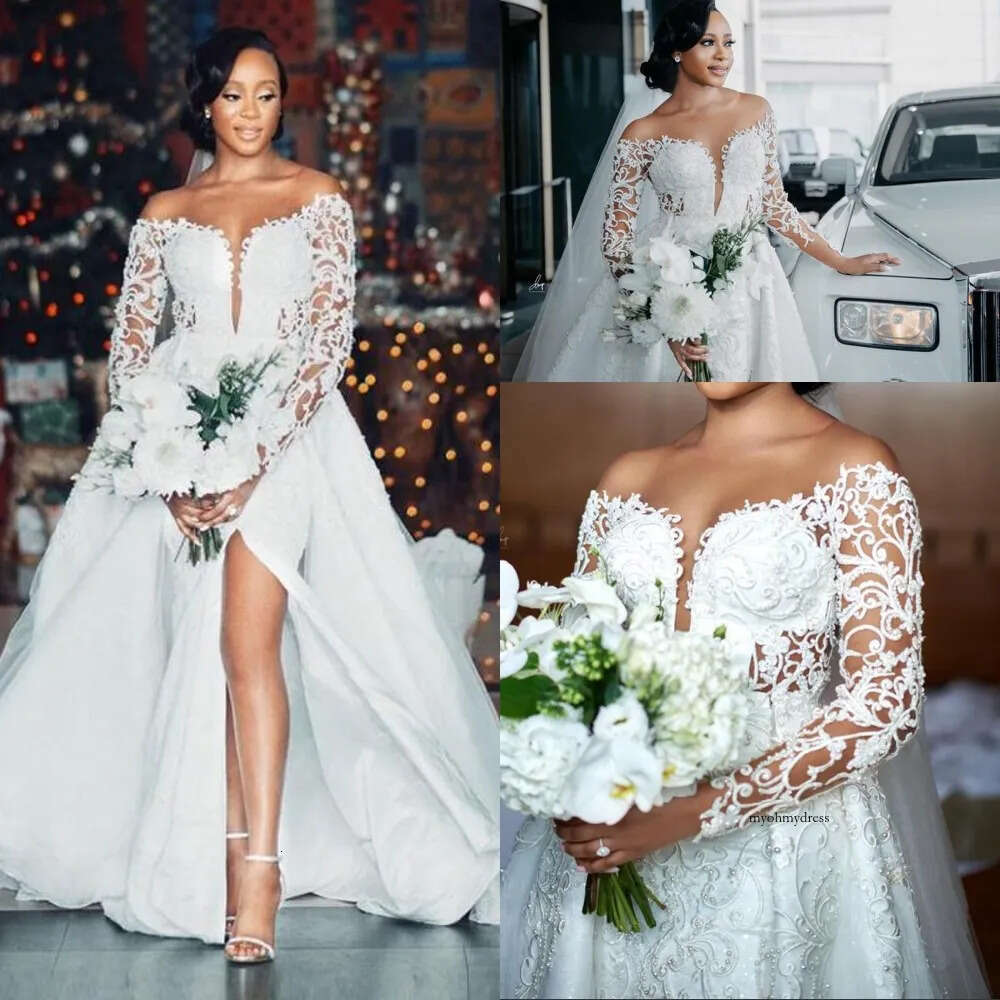 2024 African Mermaid Wedding Dress Bridal Gowns With Detachable Train Off The Shoulder Long Sleeves Lace Appliqued Crystal Pearl Beading vestido de no