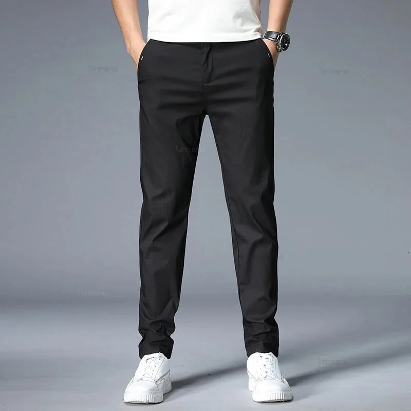 Summer Ultra-thin Mens Casual trousers Slim Straight Elastic Ice Silk Sports Jogging Pants Fashion Korean Black Khaki Green 240513