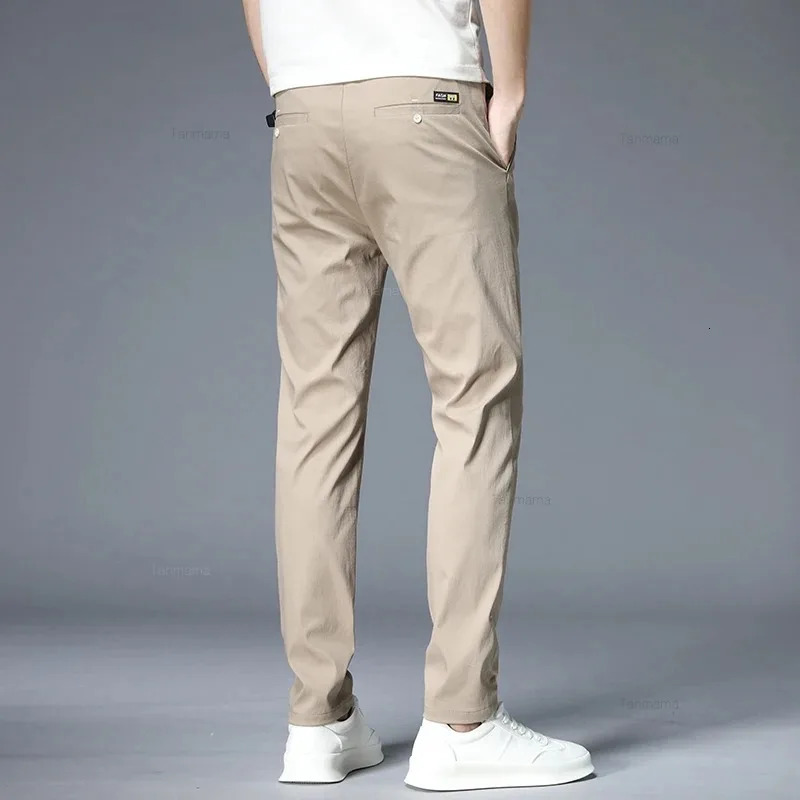 Summer Ultra-thin Mens Casual trousers Slim Straight Elastic Ice Silk Sports Jogging Pants Fashion Korean Black Khaki Green 240513