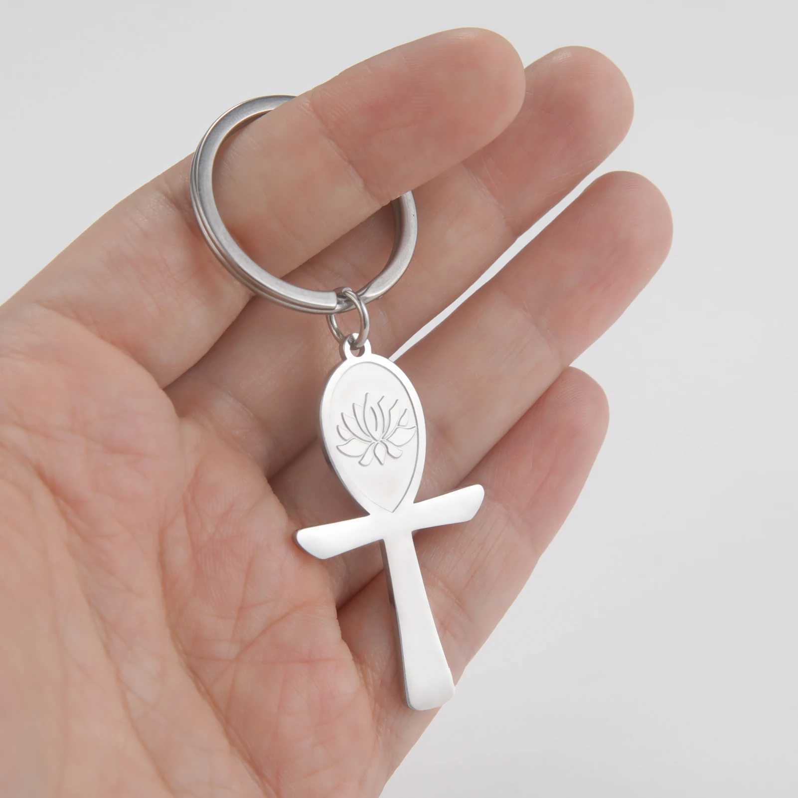 Keychains Lanyards Amaxer Stainless Steel Cross pendant Keychain for Women Men Car Key Chain Ring Holder Protection Amulet Jewelry Gift Y240510