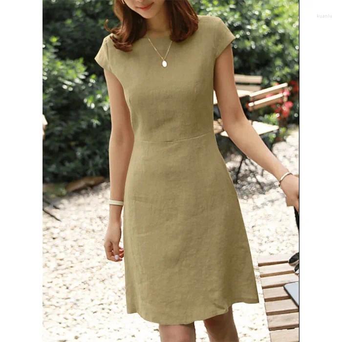 Casual Dresses Dress Women Round Neck Short Sleeve Solid Loose Regular High Waist A Line Office Ladies Vestidos Spring