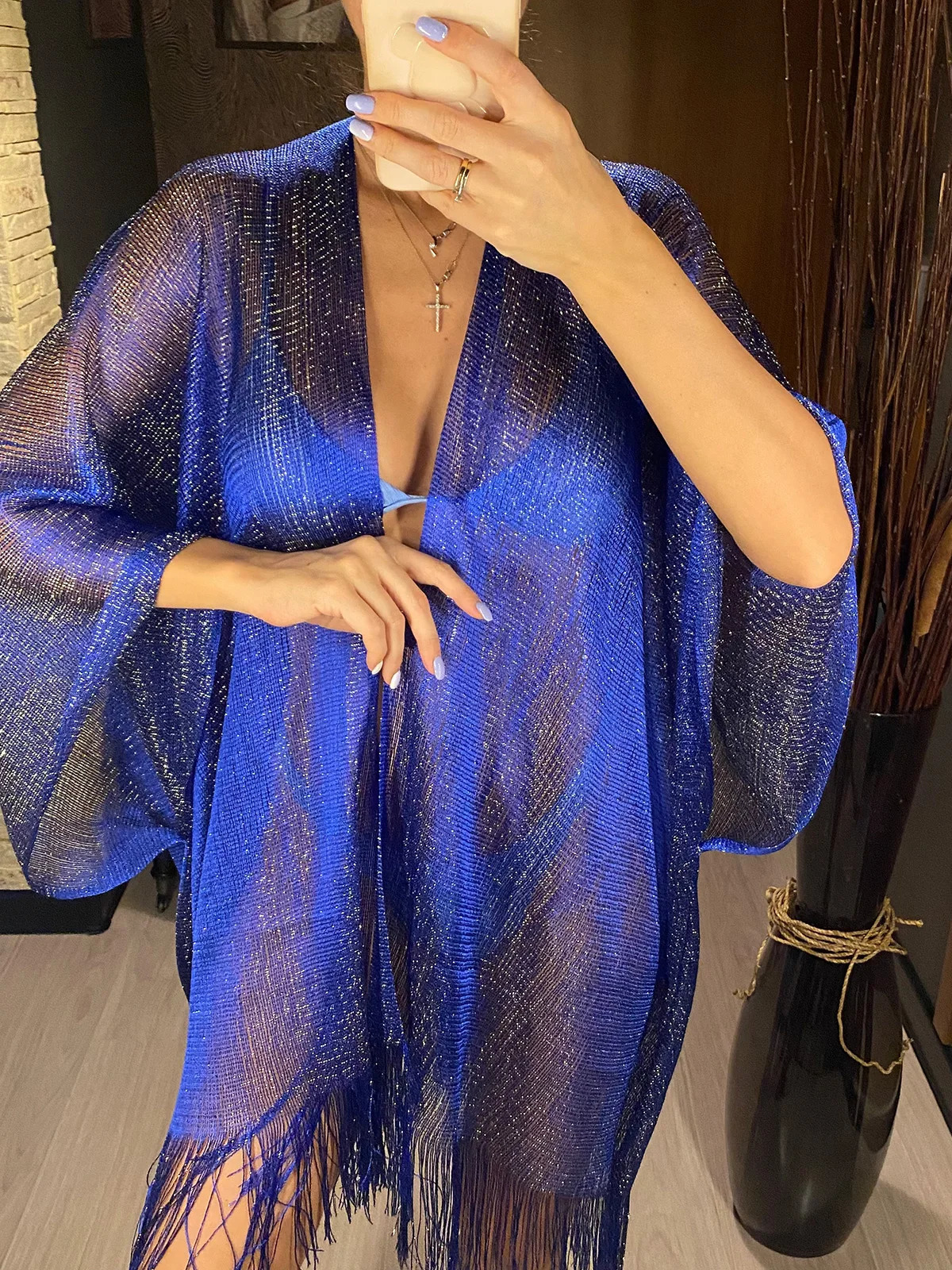 Sexy Fringe Tassel Mesh Sheer Shiny Knitted Tunic Beach Cover Up Coverups Dress Wear Beachwear Female Women V3321 240508