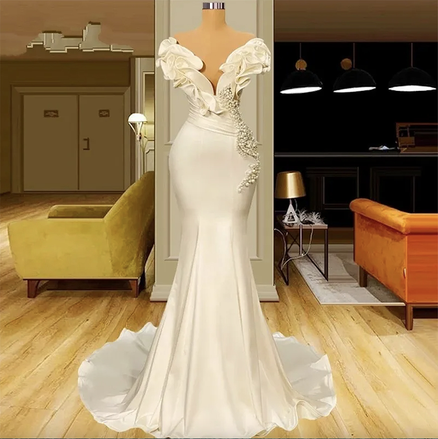 Dubai Saudi Arabia Pearls Mermaid Wedding Dresses Sexy Off The Shoulder Elegant Ivory Satin Ruffles Bridal Gowns Vintage Boho Country Bride Reception 