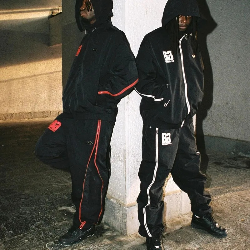 Retro Long Zipper Joggers Men Casual Sweatpants Trousers Printed Drawstring Mens Trousers Y2k Wide Leg Pants Men and Women 2024 240511