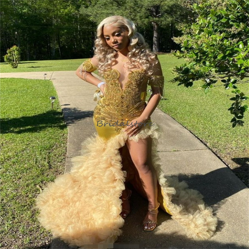 Gold Mermiad Luxury Prom Dresses 2024 Plus Size High Slit Black Women Evening Dress Diamond Crystal Ruffles Birthday Dress Gorgeous Fifteen Dance Form