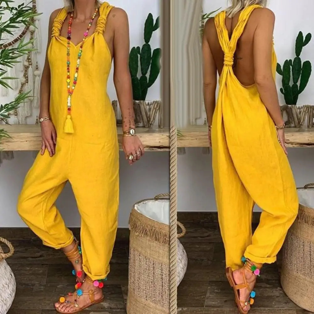 Women Backless Dungarees Solid Color Sleeveless Jumpsuit Overall Bib Knotted 240509