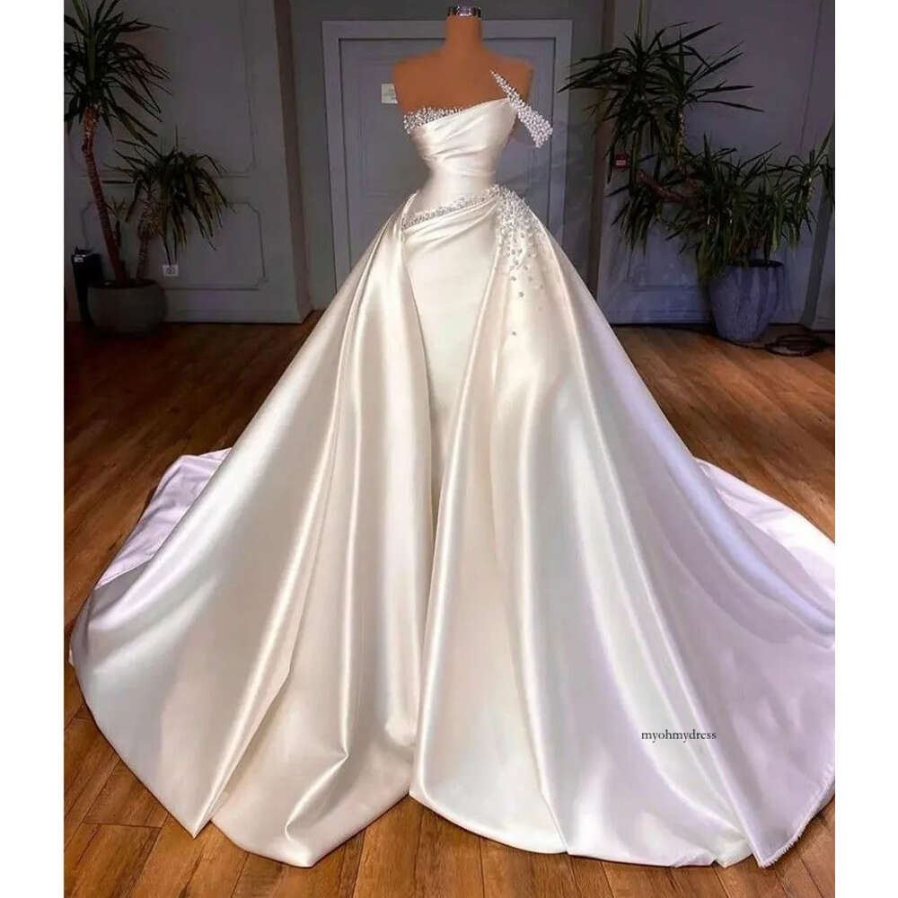 2024 Vintage Satin Church Dress Elegant One Shoulder Illusion Pearls Beads Overskirts Wedding Bride Gowns White A Line Arabic Dubai Vestido De Noiva 0