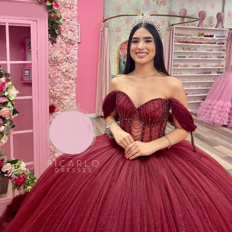 Luxury Red Shiny Ball Gown Quinceanera Dresses Charming Beaded Crystal Tull Tiered Off Shoulder Sweet 15 Dress Lace-up Vestidos De