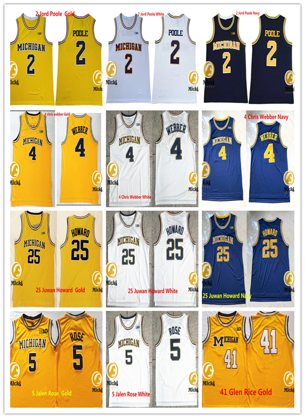 Mens #5 Jalen Rose Michigan Wolverines Basketball Jersey Stitched #4 chris webber #25 Juwan Howard #41 Glen Rice #2 Jord Poole Michigan Jerseys S-3XL