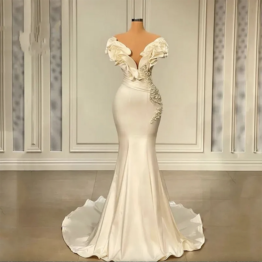 Dubai Saudi Arabia Pearls Mermaid Wedding Dresses Sexy Off The Shoulder Elegant Ivory Satin Ruffles Bridal Gowns Vintage Boho Country Bride Reception 